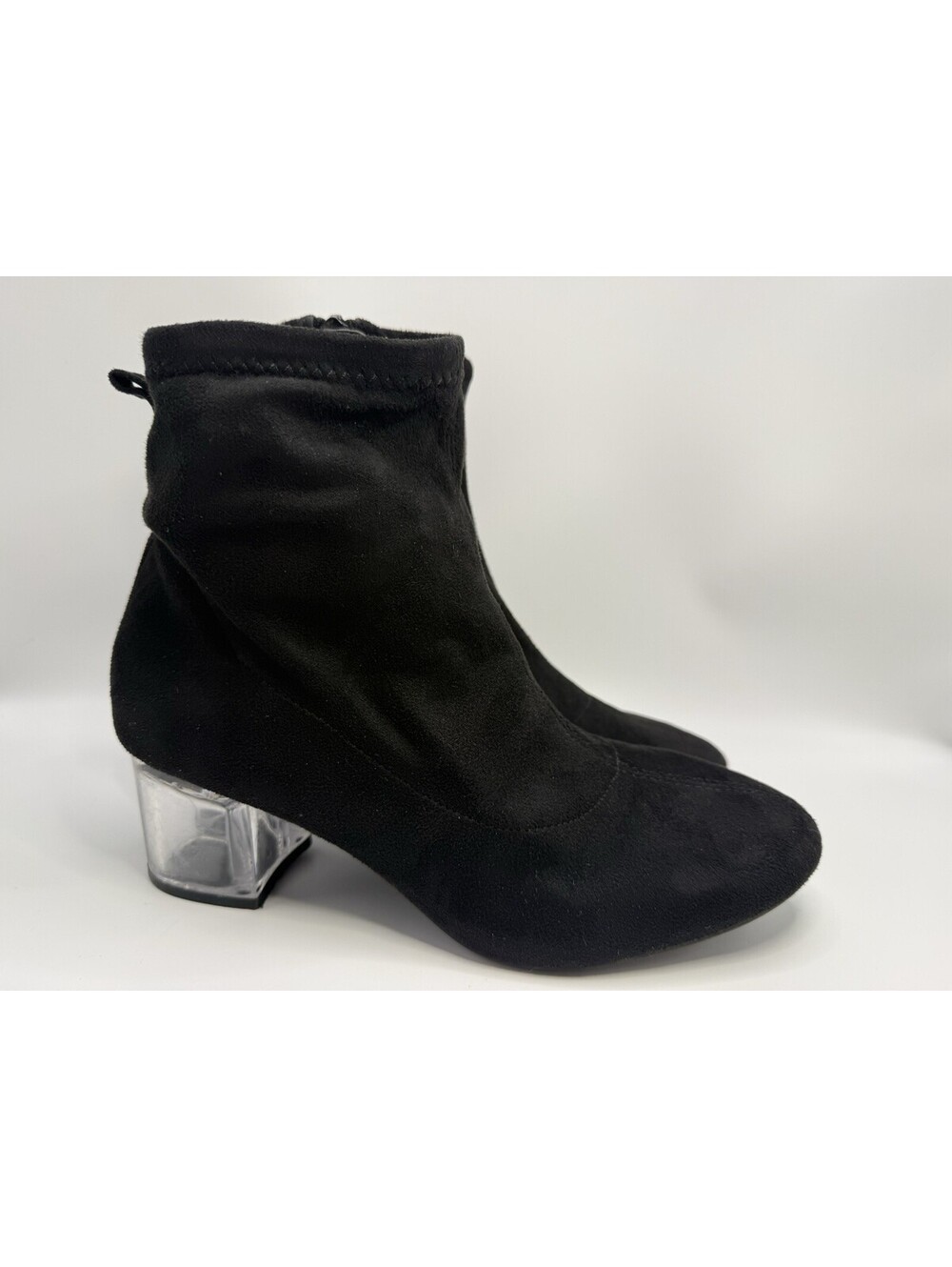 Bar III Lacy Women Black Soft Suede Ankle Bootie Clear Lucite Block Heel Sz 7.5